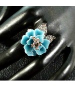Кольцо цветок бирюзово-серебристое