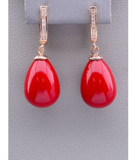 Серьги позолоченные из стали с цирконами и крупным красным жемчугом